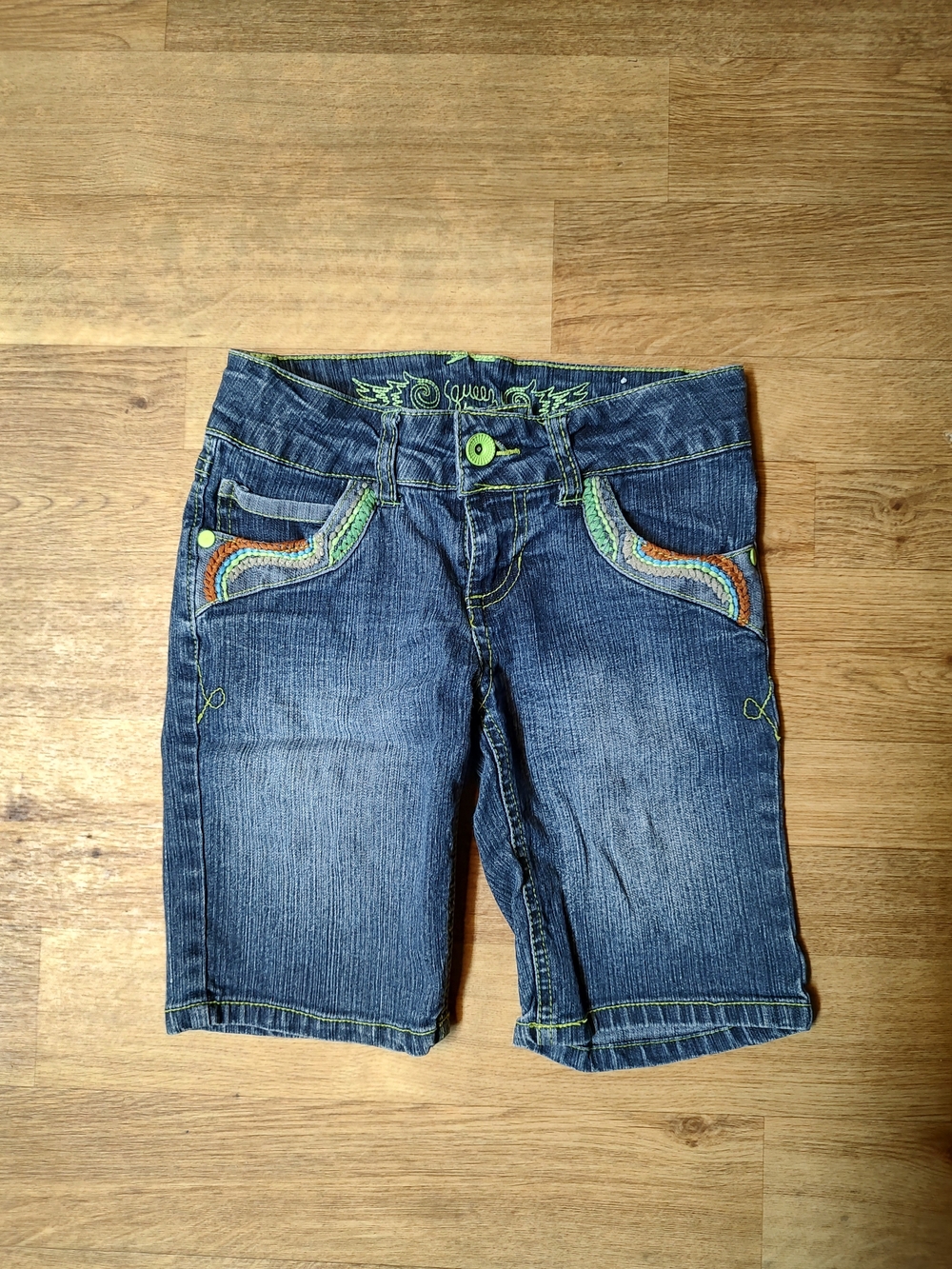 Squeeze Dark Blue Denim Shorts with Green Trim
